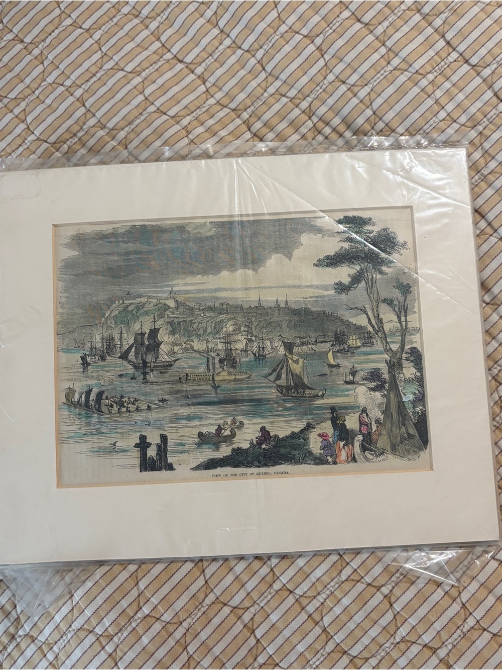 Antique Wood Engraving Maritime Harbour City of Quebec, Canada Matted Print